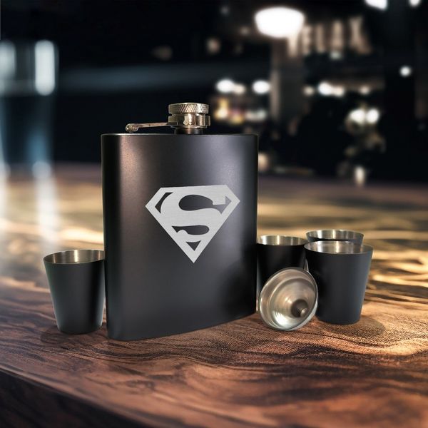 Набір чорна фляга з чарками "Superman" , Крафтова коробка BD-FLASK-317 фото