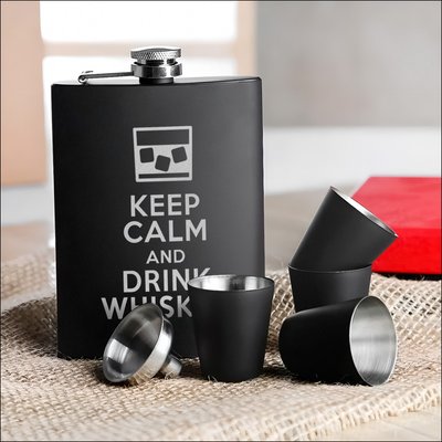 Набір чорна фляга з чарками "Keep calm and drink whiskey" , Крафтова коробка BD-FLASK-291 фото