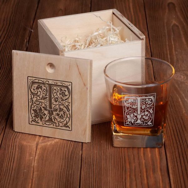 Склянка для віскі у дерев'яній коробці "Вензель" персоналізований BD-SV-09 фото