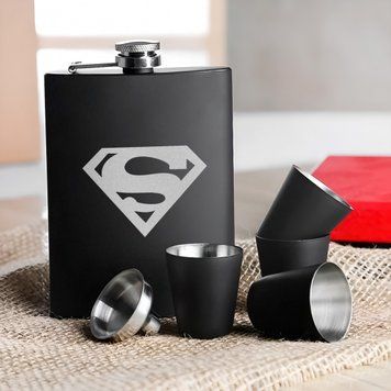Набір чорна фляга з чарками "Superman" , Крафтова коробка