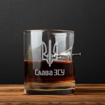 Склянка з цвяхом "Слава ЗСУ" для віскі у тубусі зі шпону BD-PIN-18 фото