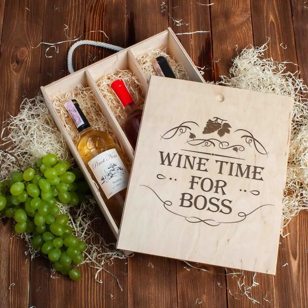 Коробка для вина на три бутылки "Wine time for boss" BD-box-16 фото