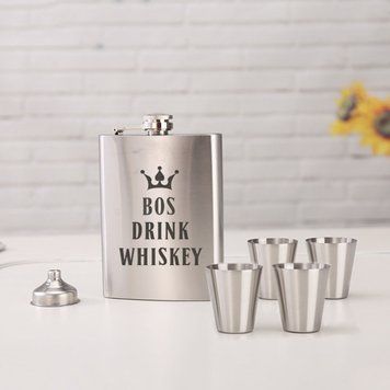 Набір фляга з чарками "Bos drink whiskey", англійська, Крафтова коробка, 210 мл